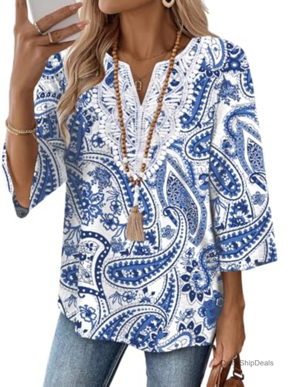 Womens Boho V Neck 3/4 Sleeve Lace Tunic Top Casual Dressy Blouse